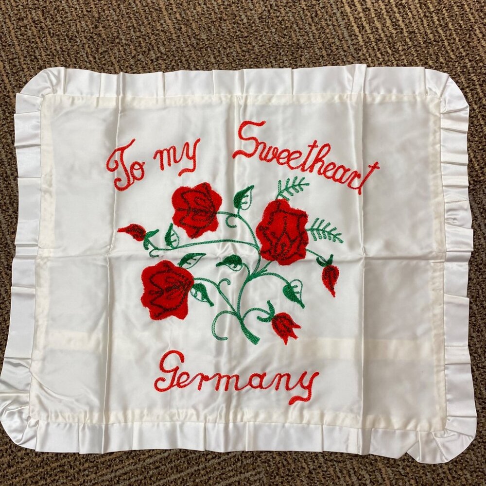 Vintage Embroidered Sweetheart Pillowcase With Red Roses & Text "To My Sweethear